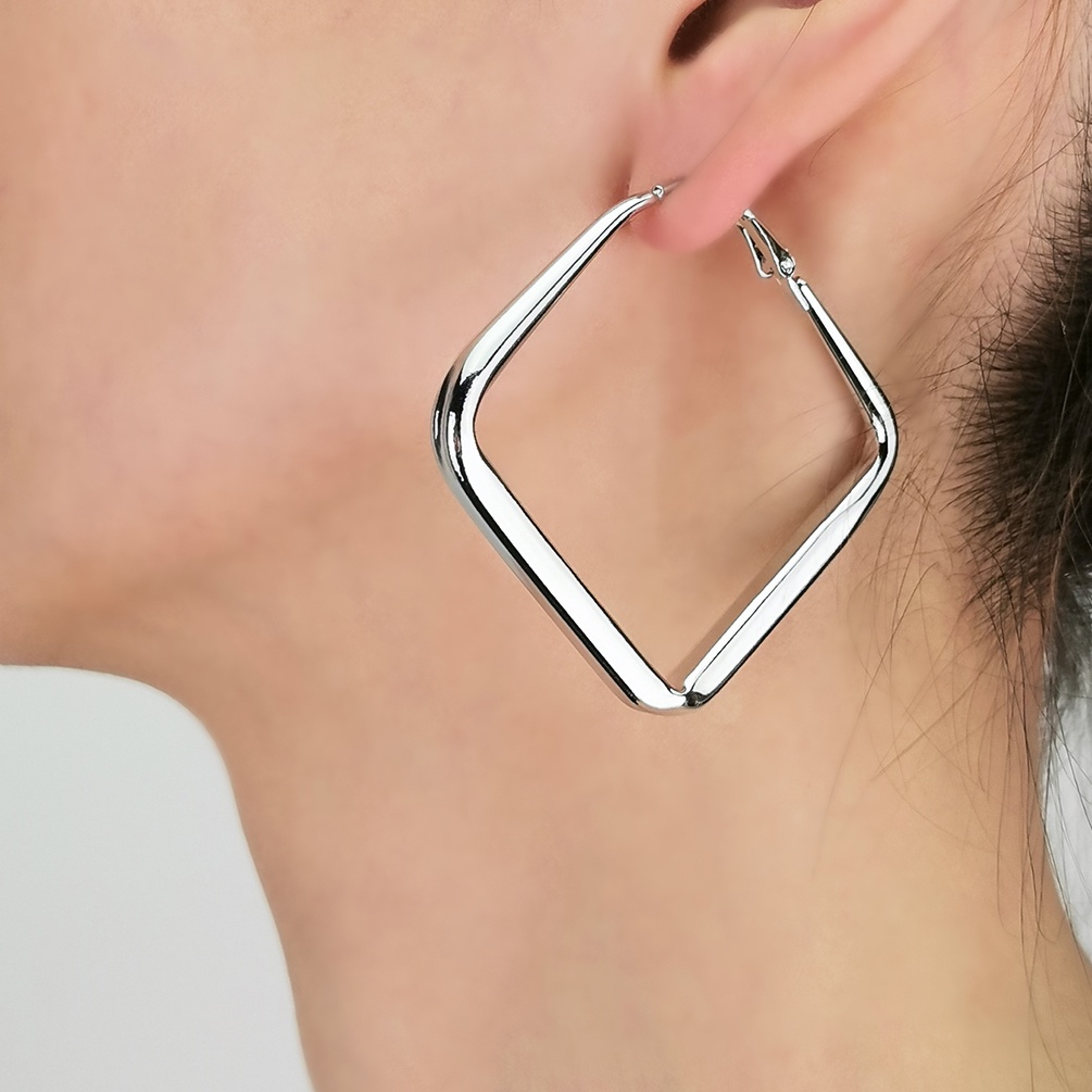 Anting Geometris Besar Anti Karat Bentuk Kotak warna Gold Silver Anting Titanium 5.8cm Hoop Earrings-ANT HOOP GEO-SILVER