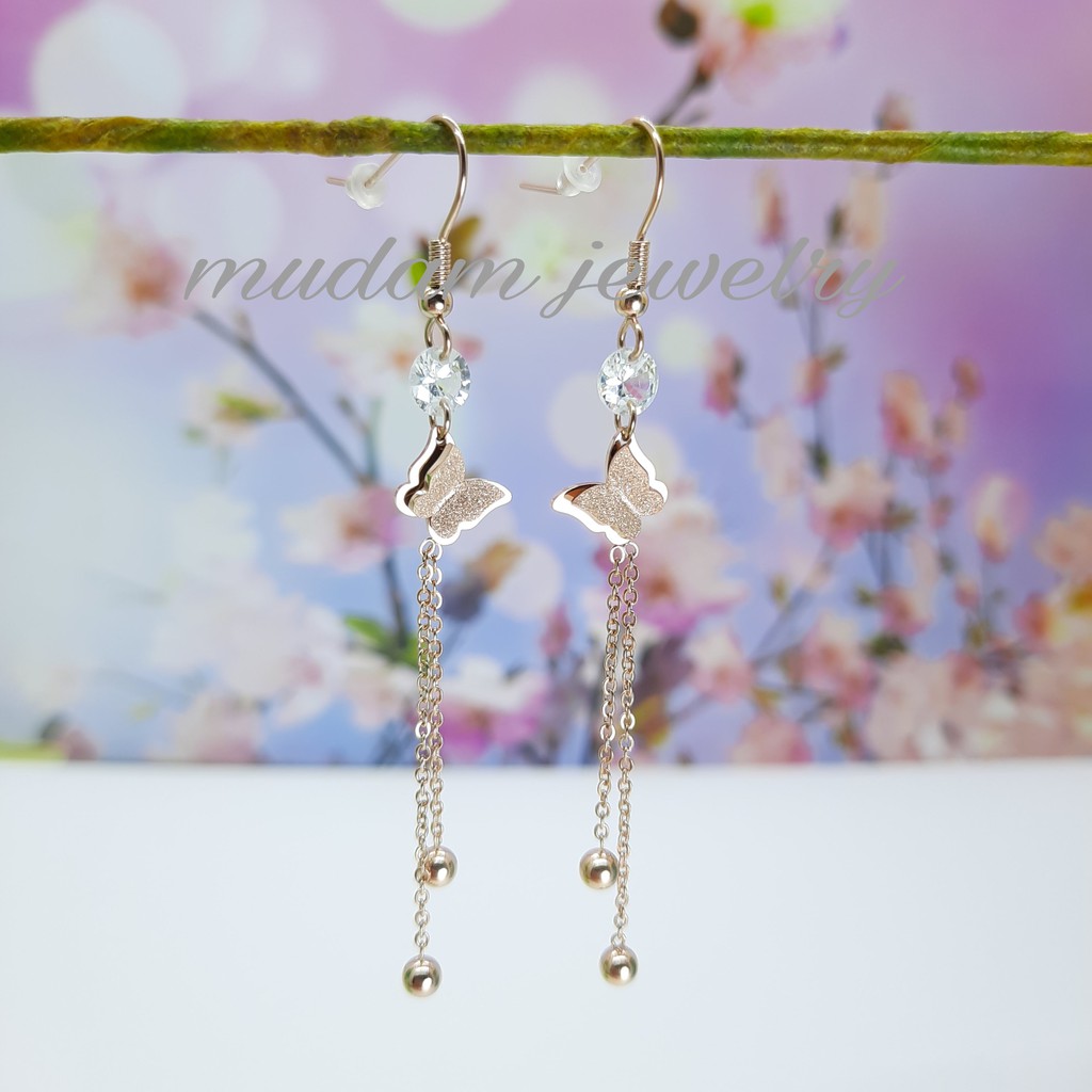 Anting Tusuk Titanium Aksen Kupu-Kupu Jurai Dengan Diamond Tersedia Warna Rose Gold dan Gold