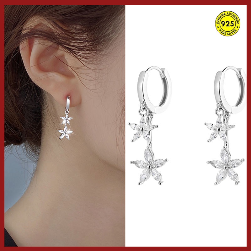 Anting Klip Desain Bunga Aksen Berlian Bahan S925 Silver Gaya Korea Untuk Wanita