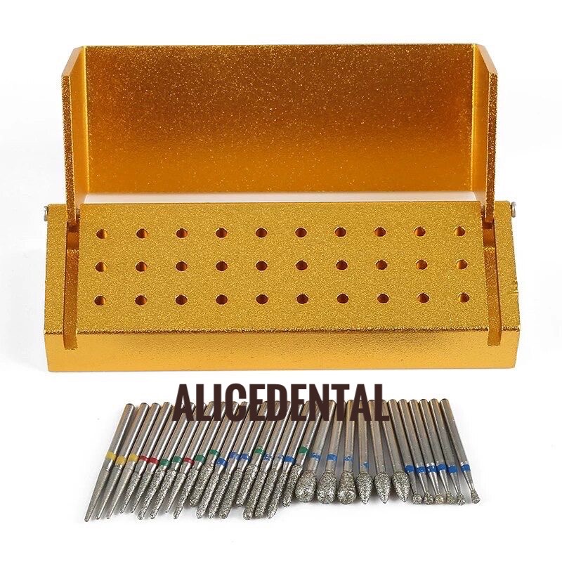 Bur set diamond bur high speed isi 30 burs dental bur gigi + tempat kotak logam bur gigi holder highspeed bulat round flame fissure