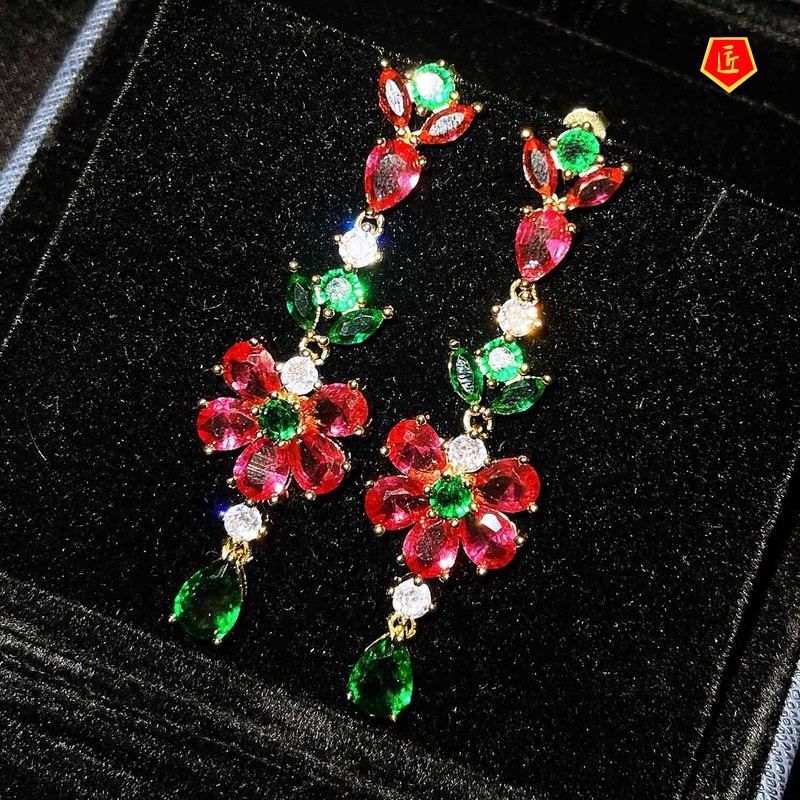 [Ready Stock]Delicate Pink Green Natural Crystal Flowers Stud Earrings