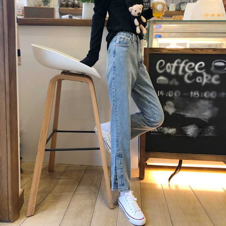 Celana Panjang Korean Stye Celana Fashion Style Ins Retro Pinggang Longgar Split Jeans Lurus Celana Panjang