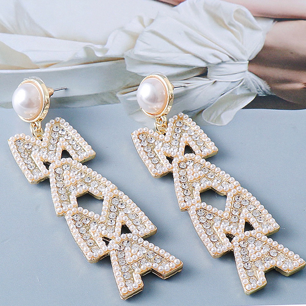 Hu Hu Hu Hu Hu Alat Bantu Pasang Kacamata♡ 1 Pasang Anting Tusuk Gantung Panjang Wanita Desain Tulisan Hias Berlian Imitasi Untuk Pernikahan