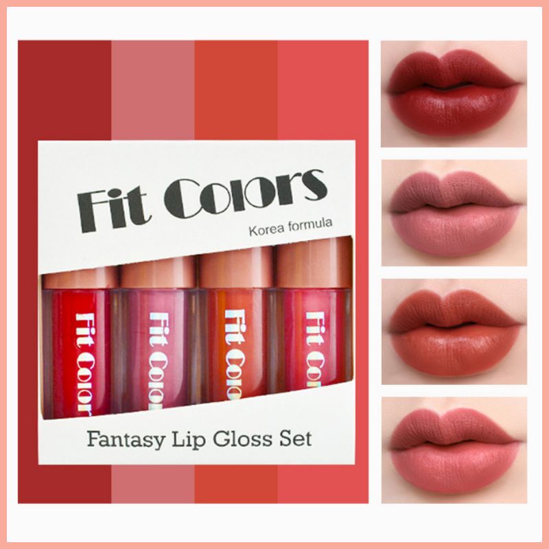 ( FANTASY Lip Gloss Set ) 4 In 1 FIT COLORS Original Lip Gloss Set Korea Formula Moisturizing Waterproof Terlaris