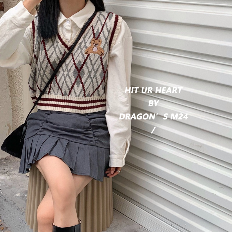 rompi rajut wanita Korea style baju rajut V neck crop top sweter kotak-kotak