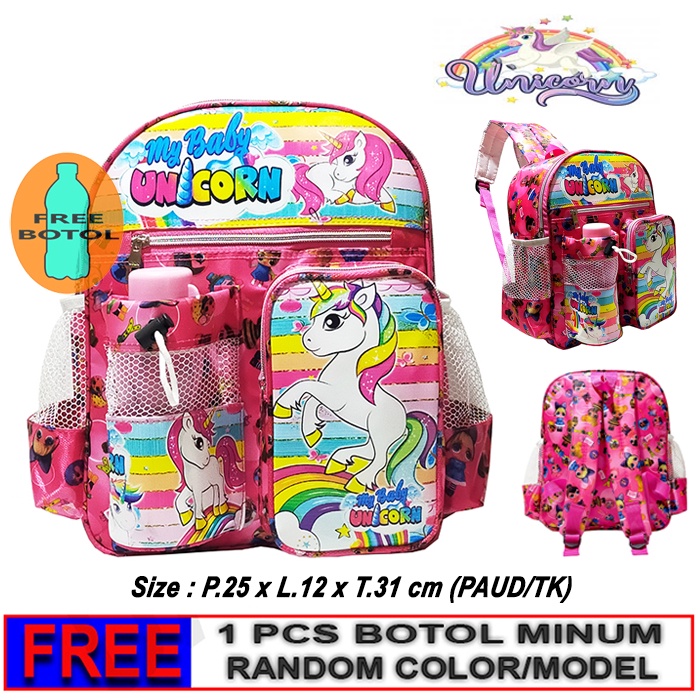 Tas Ransel Mini anak Sekolah PAUD/TK karakter UNICORN free botol // Tas ransel ngaji UNICORN