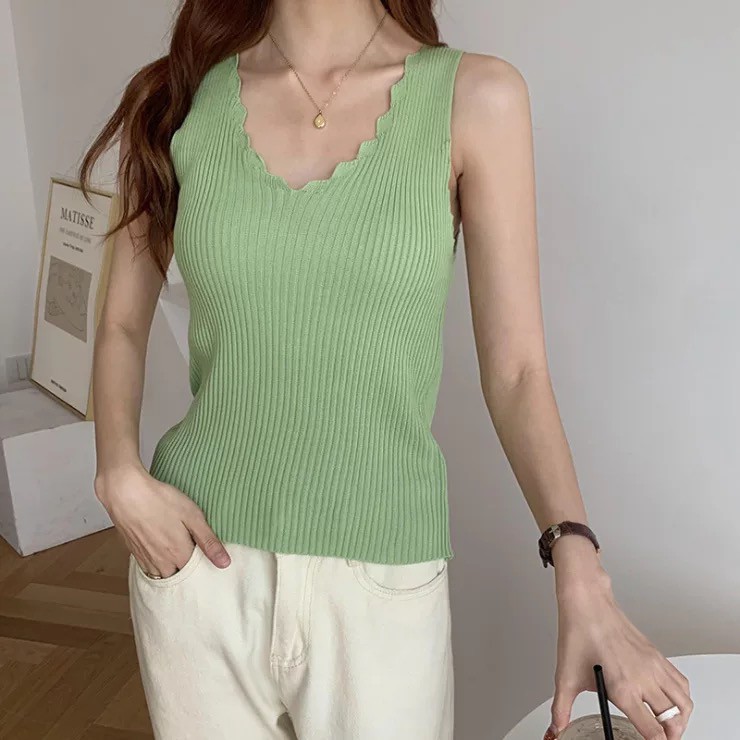 Nicebra Tank Top Wanita Rompi Rajut Tanpa Lengan Model V-Neck Import Gaya Korea 4035