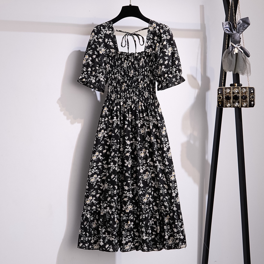 COD New 2022 Hitam Floral Midi Dress Korea Style Pantai Baju Dress Wanita Baju Pesta Gaun 2023 Dada Lipit Musim Panas