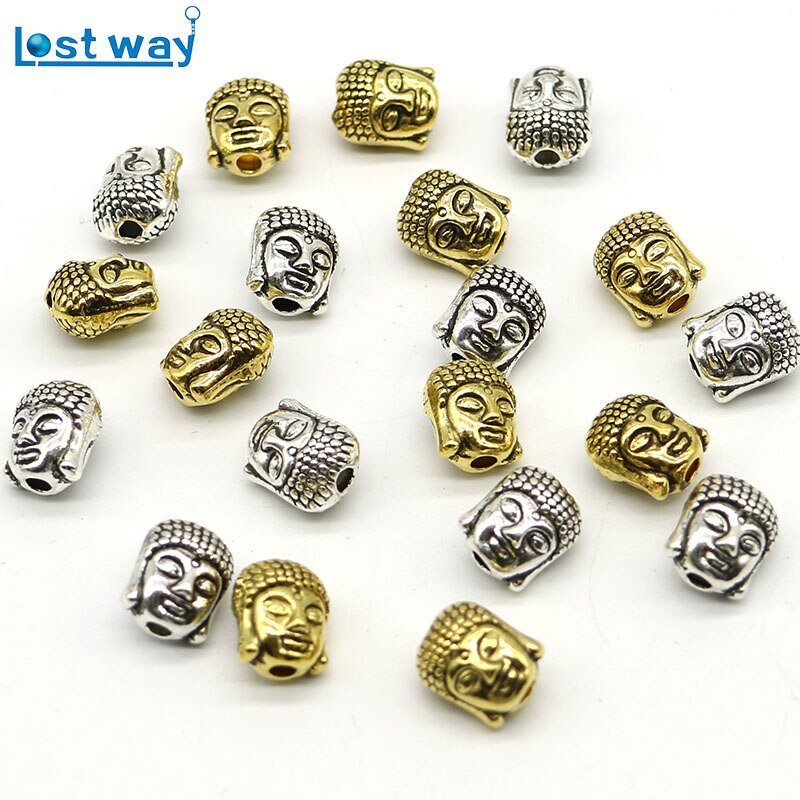 CHARMS 20pcs / Lot Manik-Manik Spacer Kepala Buddha Tibet Bahan Metal Warna Silver Ukuran 10x8mm 2mm Untuk Membuat Perhiasan