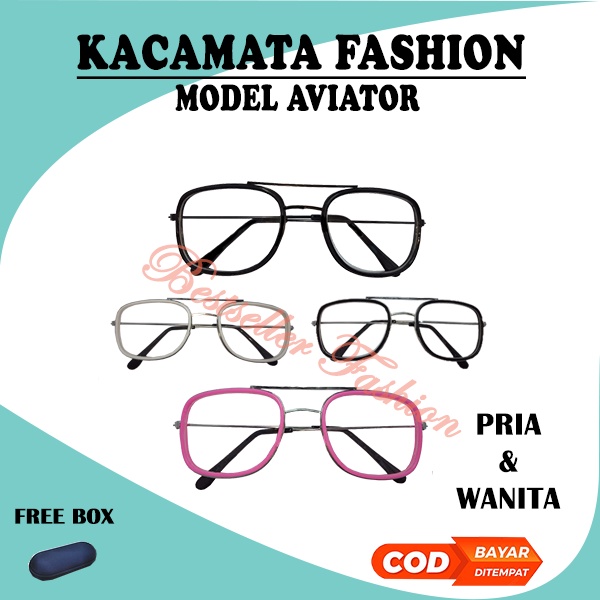 Kacamata Wanita Dan Pria Aviator Glasses Design Korea Lensa Transparan Unisex Transparan  Bingkai Logam Klasik FREECASE