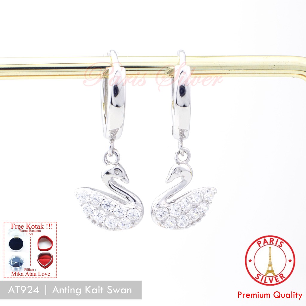 Anting Wanita Perak Asli Model Jepit Bandul Angsa Swan Sterling Silver 925 Lapis Emas Putih Cewek Ko