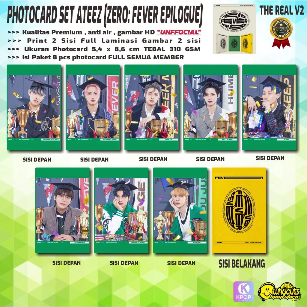 PHOTOCARD SET PREMIUM KPOP/ ATEEZ / ZERO FEVER EPILOGUE / PRINT 2 SISI FULL LAMINASI / ISI 1 SET 8PCS