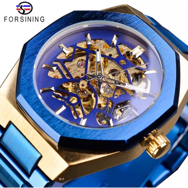 Jam Tangan Pria Automatic Forsining Oak Original Transparan Gold Royal Blue