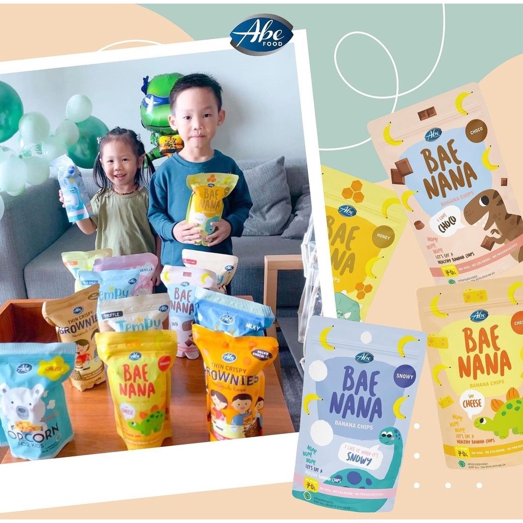 ABE FOOD Baenana 70gr - Banana Chips - Snack Pisang - Cemilan Keripik Sehat Anak - Bae Nana - Honey/Choco/Cheese/Snowy