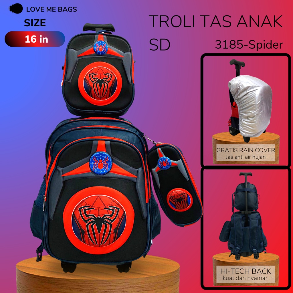 LMB Tas Troli Anak Sekolah Laki Laki SD Import 3in1 Bahan Nilon Premium Bagian Depan Timbul 6D Karakter Superhero Tebal Ukuran Besar