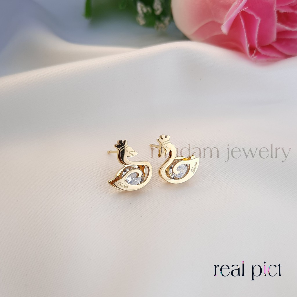 Anting Tusuk Titanium Angsa Dengan Mahkota Diamond Artifisial Warna Rosegold, Gold dan Silver