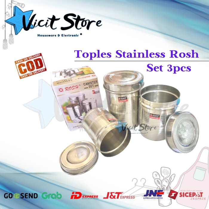 Toples Stainless Kopi,Teh,Gula / Toples Bumbu Stainless ROSH Set 3pcs