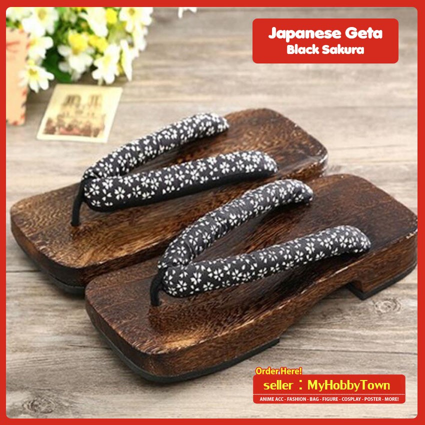 Geta Sandal Kayu Bakiak Jepang : Black Sakura