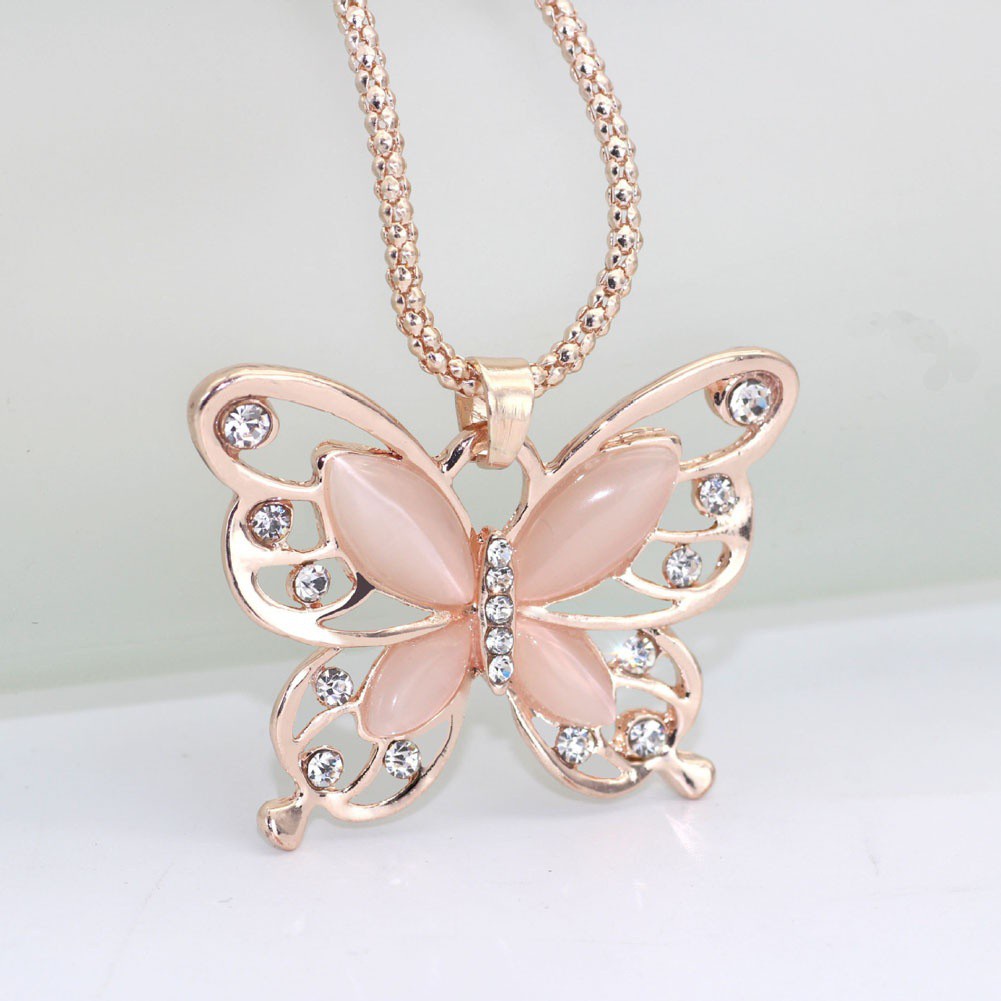 Delicate Lady Pink Plated Opal Crystal Butterfly Pendant Necklace Long Chain Hot