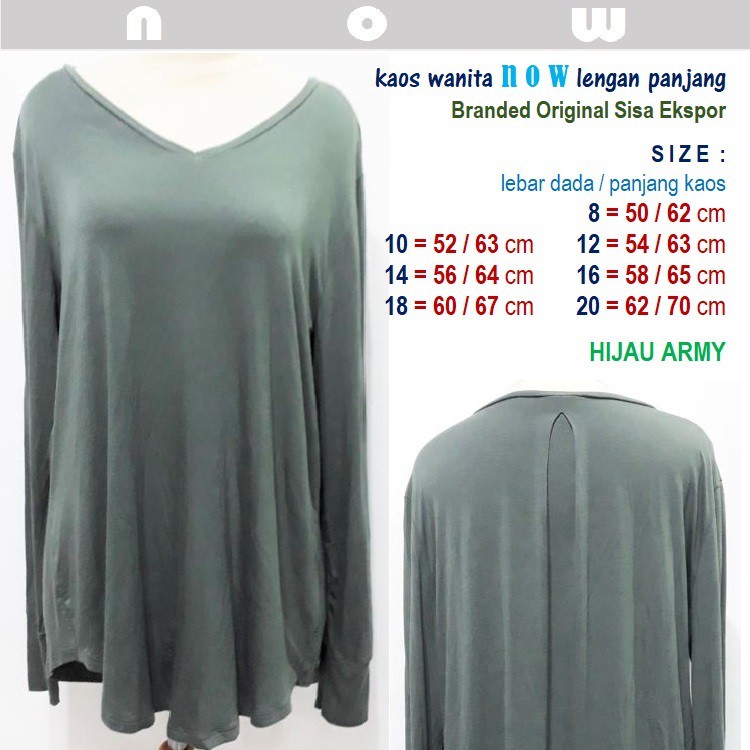Kaos Polos Wanita NOW - Lengan Panjang - Branded Original Sisa Ekspor - Hijau Army