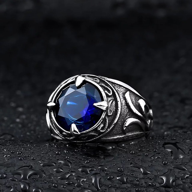 Cincin Pria King Safir Model Retro Blue Saphire Vintage Elegan Kantoran