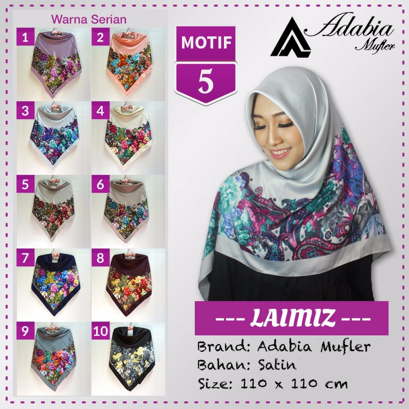 Jilbab Segiempat Satin Lamiz Laimiz motif 5 By Adabia Hijab Scarf