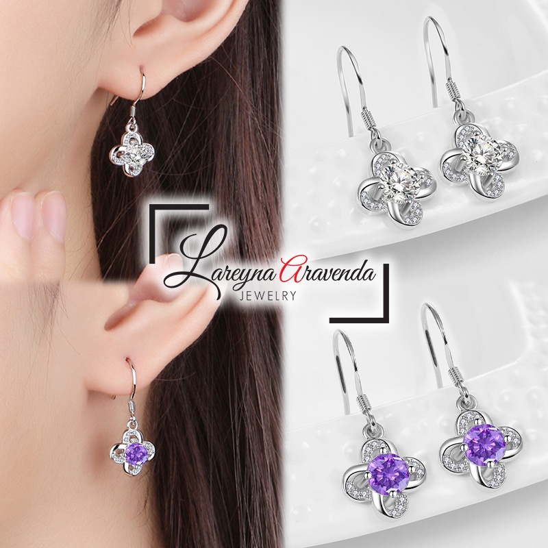 Anting Korea Wanita Silver S925 Model Bunga Kristal Besar Gantung AT046