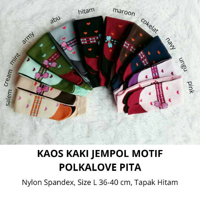 Kaos Kaki Jempol Wanita Muslimah Motif Polkalove Pita (Nylon Spandex, Tapak Hitam, Size L, Panjang)