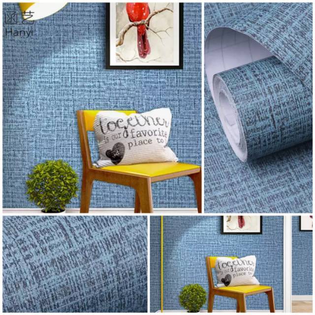 Wallpaper Dinding Kamar Tidur Ruang Tamu Wallpaper Sticker Dinding Biru Polos Berserat Kain Modern