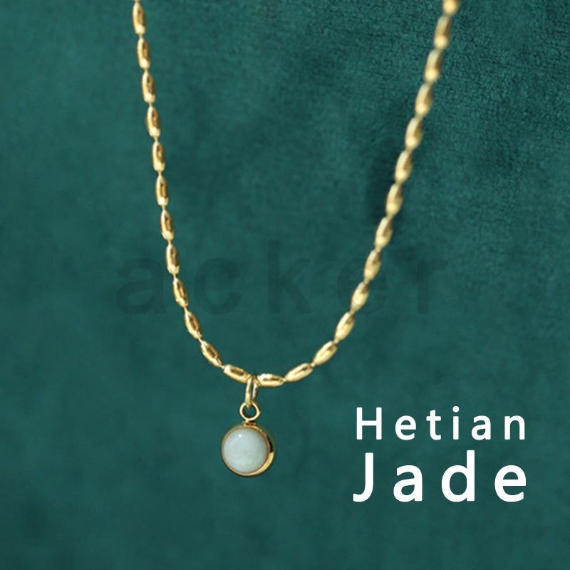 Kalung Rantai Liontin Batu Giok Hetian Alami Bentuk Bulat Warna Emas Untuk Wanita
