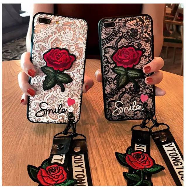 Samsung J4 plus, J6 plus, J4 J6 prime core  2018 Case renda flower + 2 tali flower gantungan smile