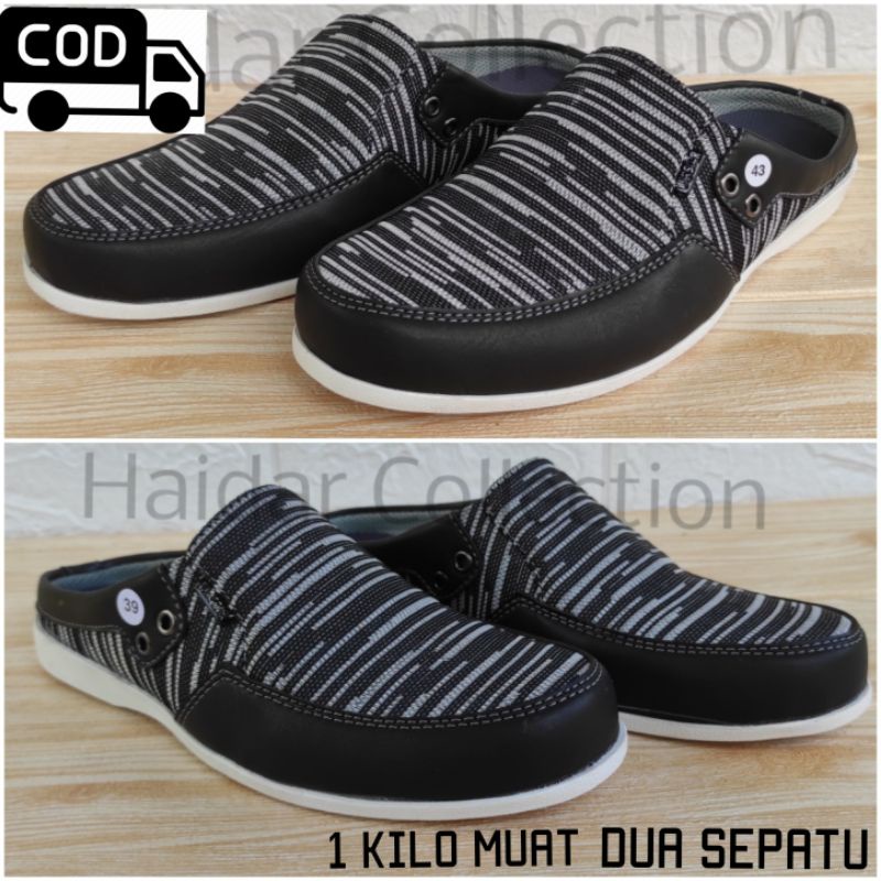 Sandal Selop Pria Slop Bustong Kulit Sintetis Premium Kanvas Sol Karet
