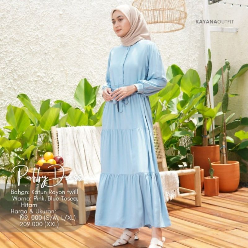 Gamis Polos Wanita Perempuan Biru dan Pink Lengan Panjang Kerutan Bagian Bahannya Bahan Katun Rayon 
