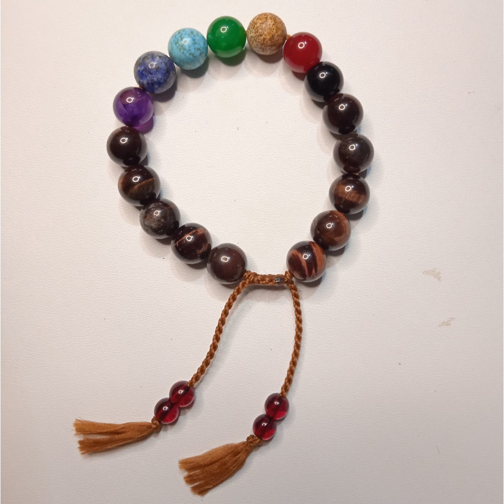 Gelang Batu Original Handmade Batu Red Tiger Eye Kombinasi 7 Chakra