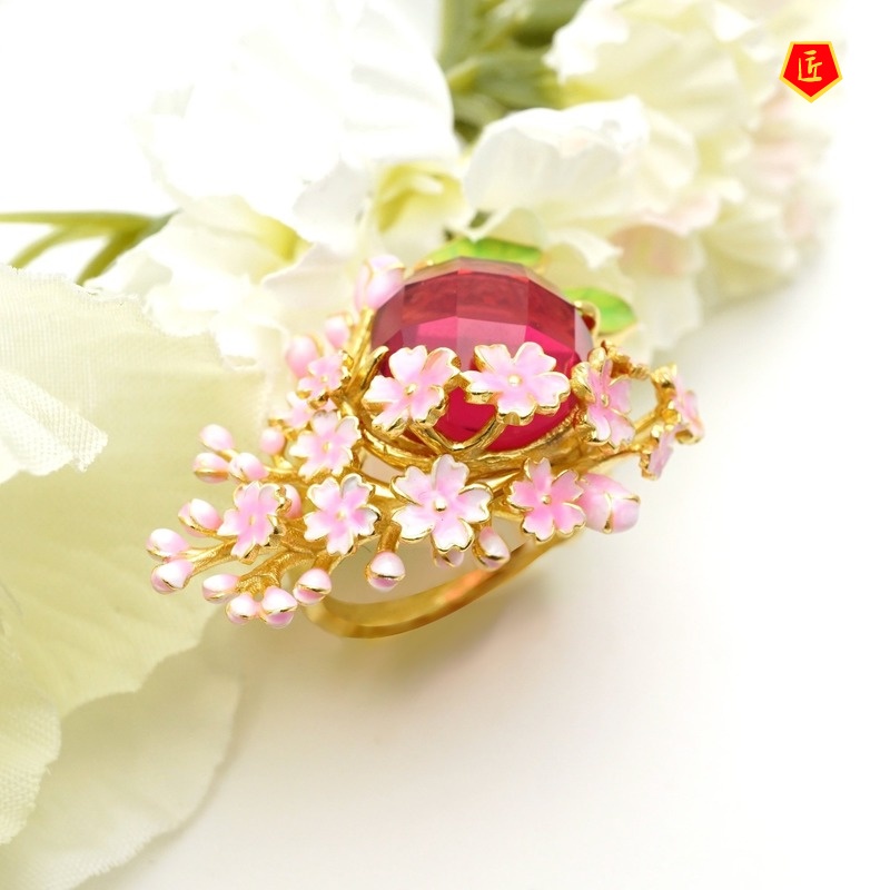 [Ready Stock]Diamond Pink Flower 18K Gold Ring Amethyst Noble Elegant Graceful