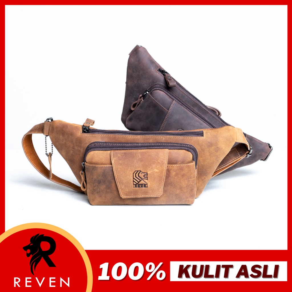 Tas Selempang Kulit Pria Reven Aaron Waistbag Branded Original Kulit Sapi Asli Premium