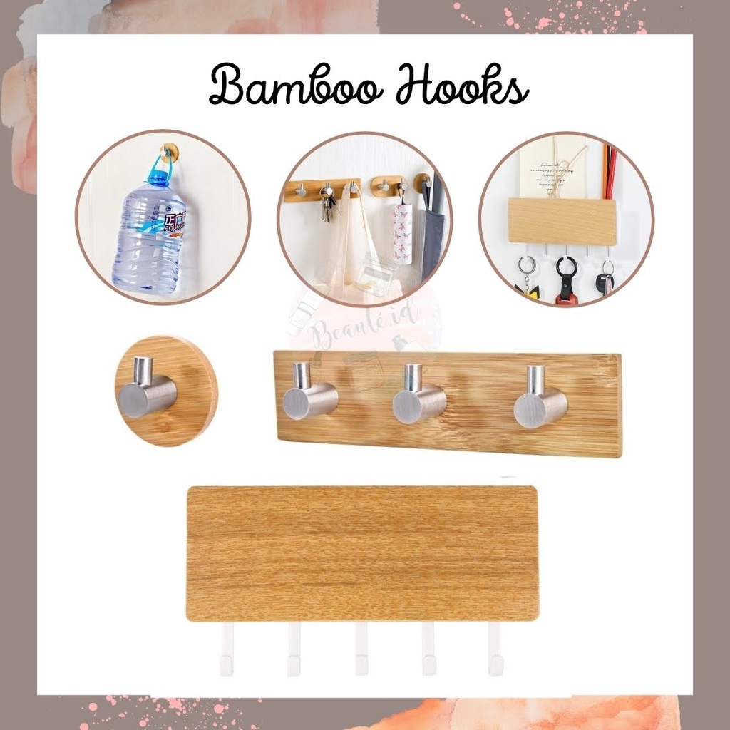 Gantungan Dinding Bahan Bambu Gantungan Kunci Cantolan Pengait Hanger Tas Baju Celana Jaket Payung Serbaguna Bamboo Vintage Stainless Steel Adhesive Kuat Berkualitas Awet 1 / 3 / multi Hooks