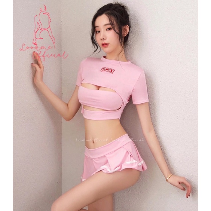 Set Susi setelan dua potong baju + rok mini sport wanita baju tidur dada terbuka seksi lingerie pela