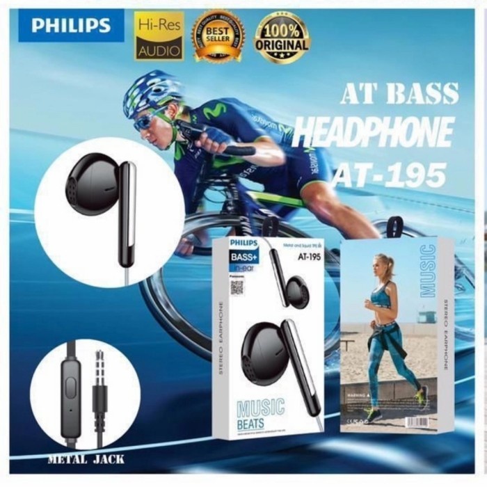 Handsfree Headset Earphone Philips AT-195 Plus Mic Stereo Suara Bagus Grosir