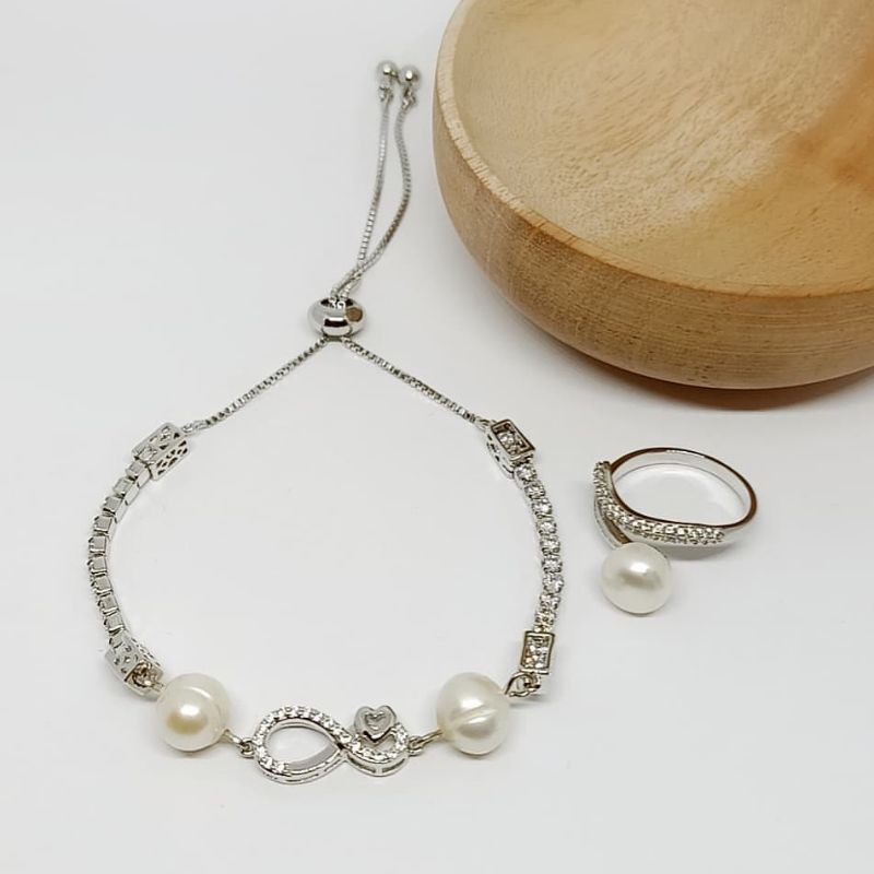 Set serut rangka rodium silver Mutiara Air Tawar