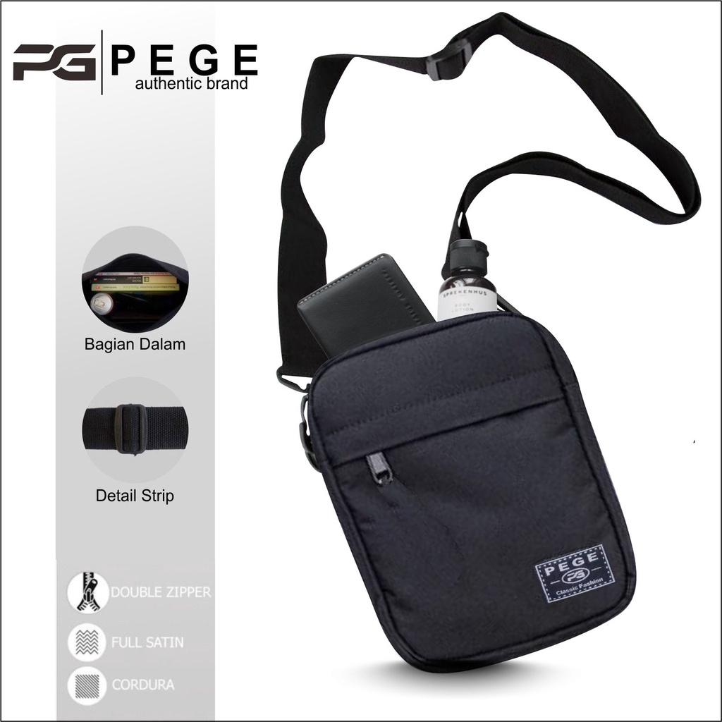 Tas Selempang Fashion Pria PEGE Slempang Polos Hitam Slingbag Bahu Kasual Simpel - PG 8864