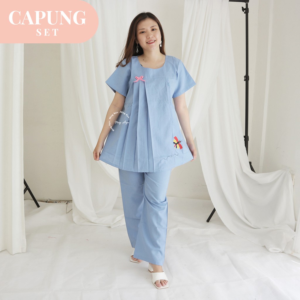 Baju Ibu Hamil katun Setelan Hamil Menyusui Kerja DAVIRA SET Lengan Pendek Celana Pendek - STD 95 B