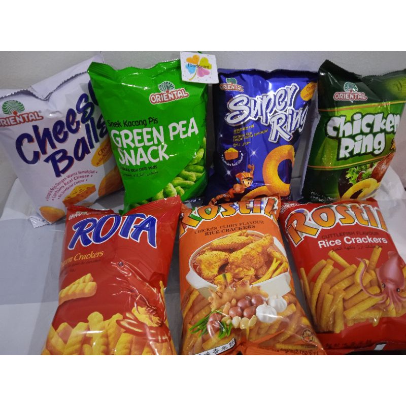 

Kerupuk Oriental Super Ring Green Pea Rota Prawn Rostik Cheese Ball Snack Crackers 60gr