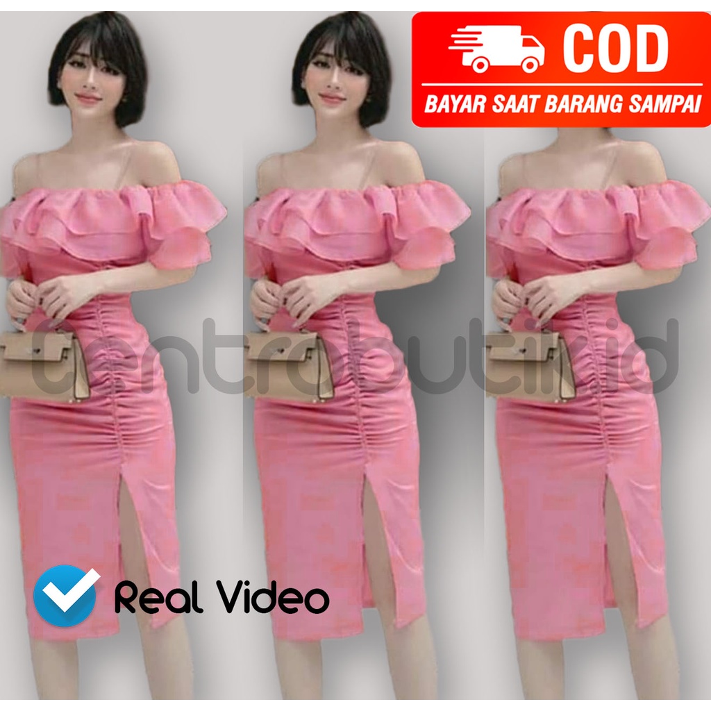 [CB.ID] Dress Party 2065 Momo Bahan Scuba Ukuran M fit to L - Gaun Pesta Model Sabrina Rumbai Pink