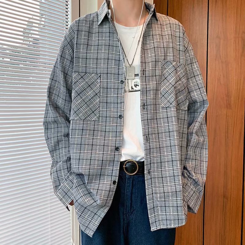 Kemeja Lengan Panjang Casual Model Longgar Motif Kotak  