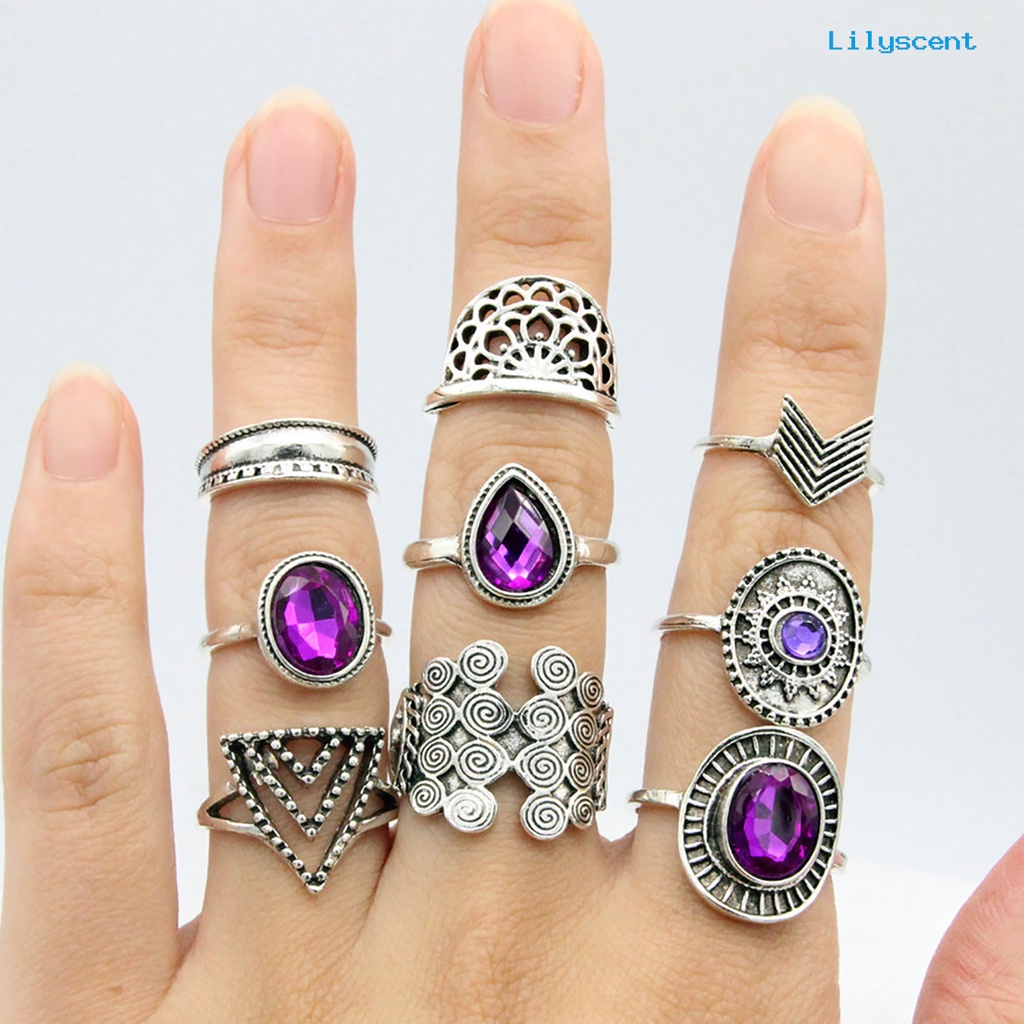 9 Pcs / set Cincin Buku Jari Aneka Bentuk Warna Ungu Bahan Alloy Gaya Bohemia