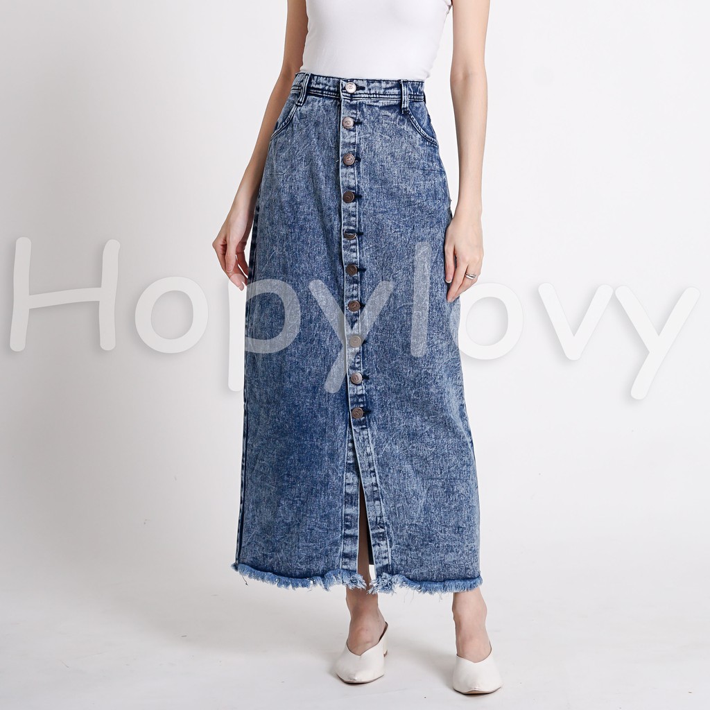 HOPYLOVY - Rok Jeans Panjang Wanita Kancing Depan Belah Front Slit Caca-SNOW - Rok Caca