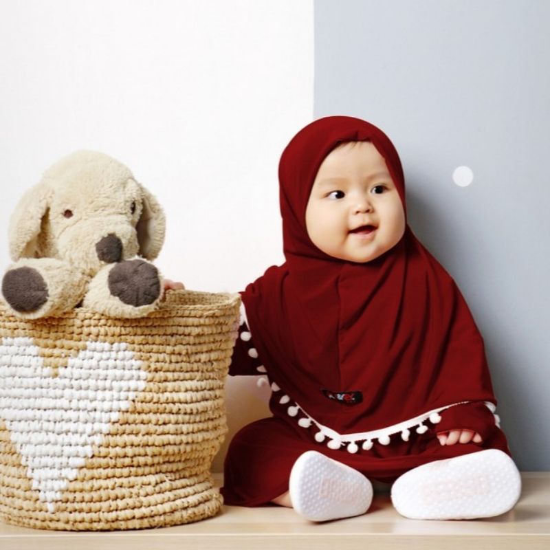 Baju Anak Perempuan Gamis Bayi Hijab Pom Pom 0-2 Tahun Katun Polos Adem Gemoy