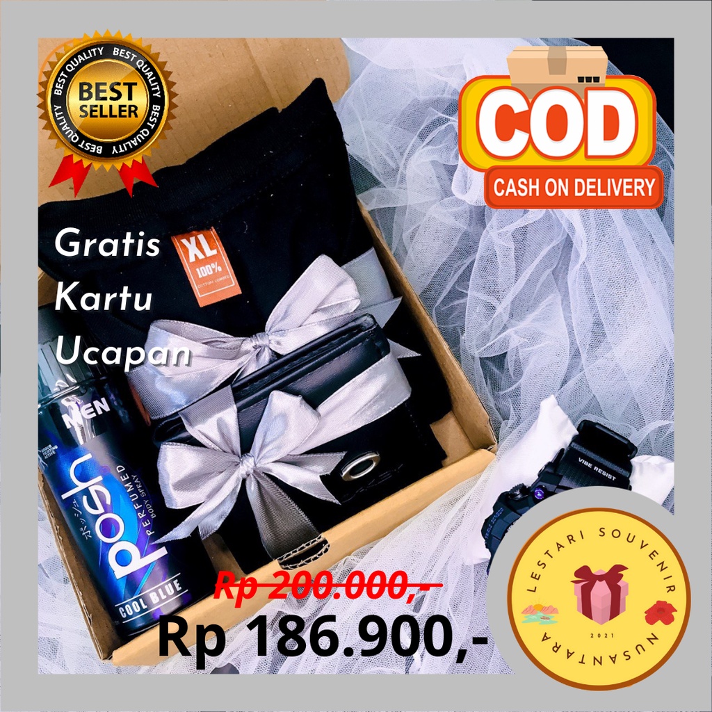 [Lestarisouvenir]Hampers Cowok Ganteng Cool Black Series Atasan Kaos Polos Jam G-Shock Dompet Pria P