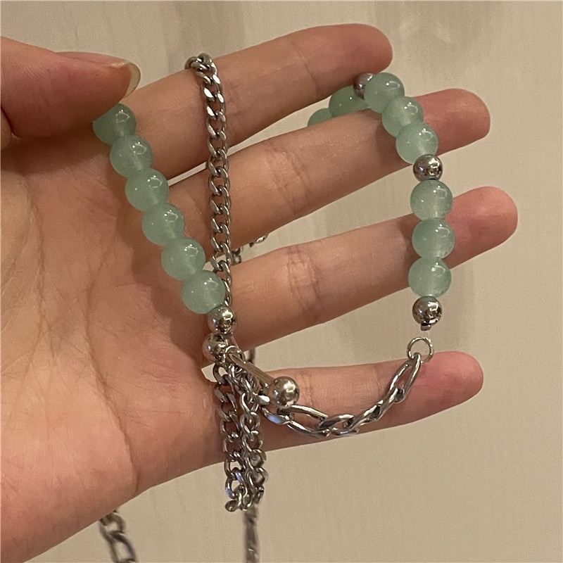 Kalung Rantai Klavikula Hias Manik-Manik Warna Hijau Gaya Korea Hip-hop